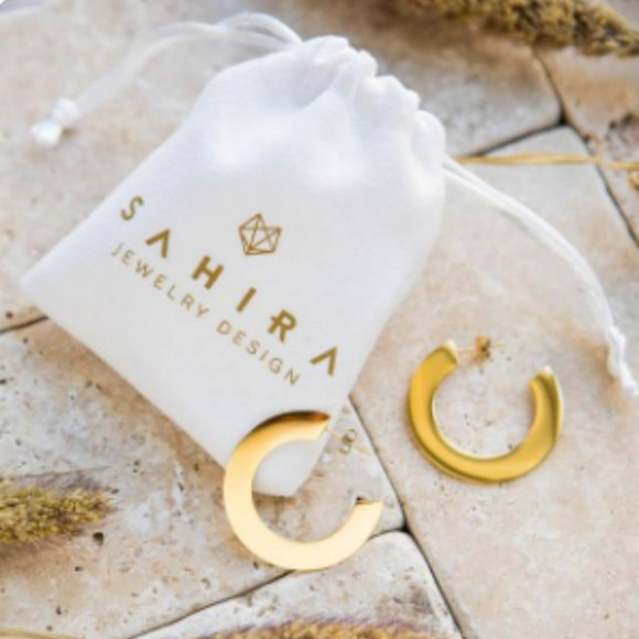 Sahira Hoop Earrings 1.2"  18kt Gold Plated Flat Water Resistant - Picture 1 of 8